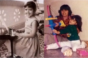 My mom and her toy piano on the left. me with my cousin's Nerf gun and Barbies on the right.